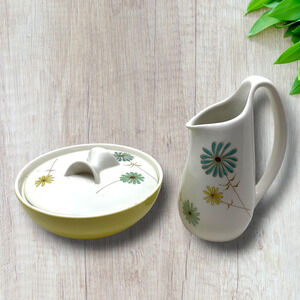 Vtg 1960's Ben Seibel Informal Iroquois Lazy Daisy Covered Sugar Bowl & Creamer